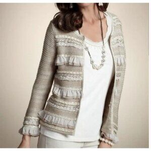 Chicos Ravishing Ruffles Open Front Cardigan Cream Metallic Striped Knit 0 / S /
